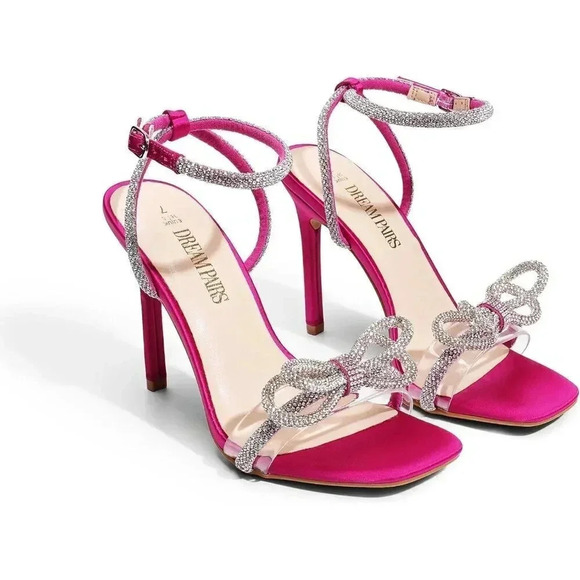 Women's Pink Double Bowknots Crystal Sandals Clear  Slingback Heels - Picture 2 of 7